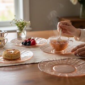 Set of 5 Vintage 1930’s Pink Depression Glass Plates - Federal Patrician Floral